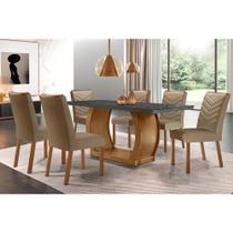 Conjunto: Mesa Sala Jantar Jade Tampo Madeirado c/ Vidro Canto Curvo 180x90 e 6 Cadeiras Londrina Imbuia/Grafite - Suede Capuccino - Rufato