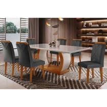 Conjunto: Mesa Sala Jantar Jade Tampo Madeirado c/ Vidro Curvo 180x90 e 6 Cadeiras Amsterdã Capuccino/Suede Grafite - Rufato