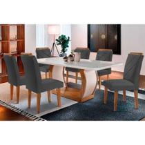 Conjunto: Mesa Sala Jantar Jade Tampo Madeirado c/ Vidro Curvo 180x90 e 6 Cadeiras Melissa Capuccino/Suede Grafite - Rufato Conjunto: Mesa Sala Jantar Jade Tampo Madeirado c/ Vidro Curvo 180x90 e 6 Cadeiras Melissa Capuccino/Suede Grafite - Rufato