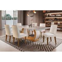 Conjunto: Mesa Sala Jantar Jade Tampo Madeirado c/ Vidro Reto 180x90 e 6 Cadeiras Jade Imbuia/Suede Creme - Rufato Conjunto: Mesa Sala Jantar Jade Tampo Madeirado c/ Vidro Reto 180x90 e 6 Cadeiras Jade Imbuia/Suede Creme - Rufato