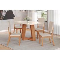 Conjunto: Mesa Sala Jantar Lins c/ Tampo Madeirado 120x80cm e 4 Cadeiras Milla Nature/Off White - Linho Bege - Henn