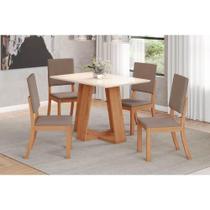 Conjunto: Mesa Sala Jantar Lins c/ Tampo Madeirado 120x80cm e 4 Cadeiras Milla Nature/Off White - Suede Marrom - Henn
