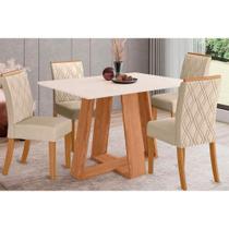 Conjunto: Mesa Sala Jantar Lins c/ Tampo Madeirado 120x80cm e 4 Cadeiras Vita Nature/Off White - Linho Bege - Henn