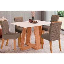 Conjunto: Mesa Sala Jantar Lins c/ Tampo Madeirado 120x80cm e 4 Cadeiras Vita Nature/Off White - Suede Marrom - Henn