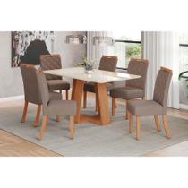 Conjunto: Mesa Sala Jantar Lins c/ Tampo Madeirado c/ Vidro 160x90cm e 6 Cadeiras Bella Nature/Suede Light Marrom Amendoa - Henn Conjunto: Mesa Sala Jantar Lins c/ Tampo Madeirado c/ Vidro 160x90cm e 6 Cadeiras Bella Nature/Suede Light Marrom Amendoa - Henn