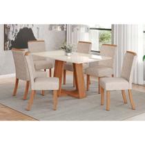 Conjunto: Mesa Sala Jantar Lins c/ Tampo Madeirado c/ Vidro 160x90cm e 6 Cadeiras Malu Nature/Linho - Henn Conjunto: Mesa Sala Jantar Lins c/ Tampo Madeirado c/ Vidro 160x90cm e 6 Cadeiras Malu Nature/Linho - Henn