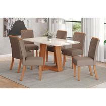 Conjunto: Mesa Sala Jantar Lins c/ Tampo Madeirado c/ Vidro Curvo 160x90cm e 6 Cadeiras Malu Nature/Suede Light Marrom Amendoa - Henn Conjunto: Mesa Sala Jantar Lins c/ Tampo Madeirado c/ Vidro Curvo 160x90cm e 6 Cadeiras Malu Nature/Suede Light Marrom Amendoa - Henn