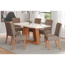 Conjunto: Mesa Sala Jantar Lins c/ Tampo Madeirado c/ Vidro Curvo 180x90cm e 6 Cadeiras Malu Nature/Suede Light Marrom Amendoa - Henn Conjunto: Mesa Sala Jantar Lins c/ Tampo Madeirado c/ Vidro Curvo 180x90cm e 6 Cadeiras Malu Nature/Suede Light Marrom Amendoa - Henn
