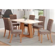Conjunto: Mesa Sala Jantar Lins c/ Tampo Madeirado Reto 160x90cm e 6 Cadeiras Esther Nature/Linho Cacao - Henn