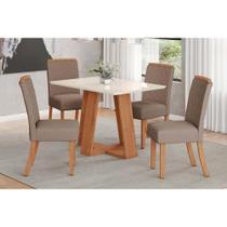 Conjunto: Mesa Sala Jantar Lins c/ Tampo Reto Madeirado c/ Vidro 120x80cm e 4 Cadeiras Malu Nature/Suede Light Marrom Amendoa - Henn
