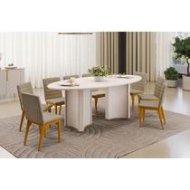 Conjunto: Mesa Sala Jantar Liz c/ Tampo Madeirado c/ Vidro Oval 218x108cm e 8 Cadeiras Sofia Off White - Ipe/Linho Bege - DJ Móveis