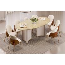 Conjunto: Mesa Sala Jantar Liz c/ Tampo Madeirado c/ Vidro Oval 218x108cm e 8 Cadeiras Vitta Off White/Dourado - Boucle Perola/Terracota - DJ Móveis Conjunto: Mesa Sala Jantar Liz c/ Tampo Madeirado c/ Vidro Oval 218x108cm e 8 Cadeiras Vitta Off White/Dourado - Boucle Perola/Terracota - DJ Móveis