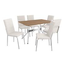 Conjunto: Mesa Sala Jantar Loire c/ Tampo de Madeira 1.36cm e 6 Cadeiras Amsterdã Cromada/Nogueira - Courano Branco - Kappesberg