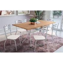 Conjunto: Mesa Sala Jantar Loire c/ Tampo de Madeira 1.36cm e 6 Cadeiras Portugal Cromada/Nogueira - Courano Branco - Kappesberg Conjunto: Mesa Sala Jantar Loire c/ Tampo de Madeira 1.36cm e 6 Cadeiras Portugal Cromada/Nogueira - Courano Branco - Kappesberg