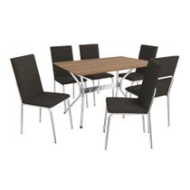 Conjunto: Mesa Sala Jantar Loire c/ Tampo de Madeira 1.60 cm e 6 Cadeiras Amsterdã Cromada/Nogueira - Courano Preto - Kappesberg