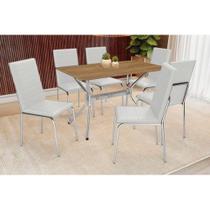 Conjunto: Mesa Sala Jantar Loire c/ Tampo de Madeira 160cm e 6 Cadeiras Amsterdã Cromada/Branco 106 - Kappesberg