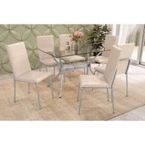 Conjunto: Mesa Sala Jantar Loire c/ Tampo de Vidro 120x80cm e 6 Cadeiras Amsterdã Cromada - Nude - Kappesberg