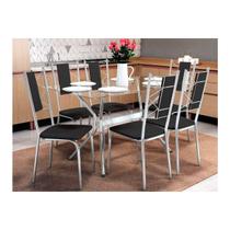 Conjunto: Mesa Sala Jantar Loire c/ Tampo Vidro 150cm + 6 Cadeiras Lisboa Cromado/Courano Preto - Kappesberg Conjunto: Mesa Sala Jantar Loire c/ Tampo Vidro 150cm + 6 Cadeiras Lisboa Cromado/Courano Preto - Kappesberg