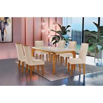 Conjunto: Mesa Sala Jantar Londrina c/ Tampo Madeirado c/ Vidro 180cm + 6 Cadeiras Londrina Imbuia/Veludo Creme - Rufato Conjunto: Mesa Sala Jantar Londrina c/ Tampo Madeirado c/ Vidro 180cm + 6 Cadeiras Londrina Imbuia/Veludo Creme - Rufato
