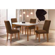 Conjunto: Mesa Sala Jantar Londrina c/ Tampo Madeirado c/ Vidro Canto Reto 120x80cm e 4 cadeiras Jade Imbuia/Off White - Suede Marrom - Rufato