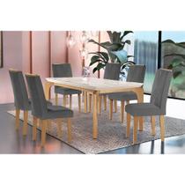 Conjunto: Mesa Sala Jantar Londrina c/ Tampo Madeirado c/ Vidro Canto Reto 180x90cm e 6 cadeiras Amsterdã Capuccino/Suede Grafite - Rufato