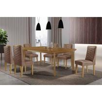 Conjunto: Mesa Sala Jantar Londrina c/ Tampo Madeirado Canto Curvo 180x90cm e 6 Cadeiras Dafne Naturale - Corano Capuccino Rufato Conjunto: Mesa Sala Jantar Londrina c/ Tampo Madeirado Canto Curvo 180x90cm e 6 Cadeiras Dafne Naturale - Corano Capuccino Rufato