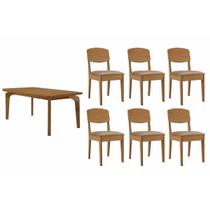 Conjunto: Mesa Sala Jantar Londrina c/ Tampo Madeirado Canto Curvo 180x90cm e 6 Cadeiras Havana Naturale - Corano Capuccino Rufato Conjunto: Mesa Sala Jantar Londrina c/ Tampo Madeirado Canto Curvo 180x90cm e 6 Cadeiras Havana Naturale - Corano Capuccino Rufato