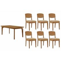 Conjunto: Mesa Sala Jantar Londrina c/ Tampo Madeirado Canto Curvo 180x90cm e 6 Cadeiras Havana Naturale - Suede Creme Rufato Conjunto: Mesa Sala Jantar Londrina c/ Tampo Madeirado Canto Curvo 180x90cm e 6 Cadeiras Havana Naturale - Suede Creme Rufato