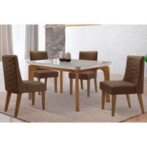 Conjunto: Mesa Sala Jantar Londrina Tampo c/ Vidro Curvo 120cm 4 Cadeiras Dafne Madeira Naturale/Off White - Capuccino/Suede Marrom Rufato