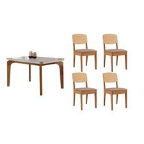 Conjunto: Mesa Sala Jantar Londrina Tampo c/ Vidro Curvo 120cm+4 Cadeiras Havana Naturale/Off White - Linho Capuccino Rufato