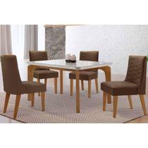 Conjunto: Mesa Sala Jantar Londrina Tampo c/ Vidro Curvo 120cm 4 Cadeiras Maldivas Madeira Naturale/Off White - Capuccino/Suede Marrom - Rufato