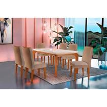 Conjunto: Mesa Sala Jantar Londrina Tampo Madeirado c/ Vidro 180cm + 6 Cadeiras Lunara Imbuia/Linho Rústico - Rufato Conjunto: Mesa Sala Jantar Londrina Tampo Madeirado c/ Vidro 180cm + 6 Cadeiras Lunara Imbuia/Linho Rústico - Rufato