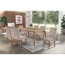 Conjunto: Mesa Sala Jantar Londrina Tampo Madeirado c/ Vidro 180x90cm e 6 Cadeiras Melissa Capuccino/Linho Bege Turim - Rufato Conjunto: Mesa Sala Jantar Londrina Tampo Madeirado c/ Vidro 180x90cm e 6 Cadeiras Melissa Capuccino/Linho Bege Turim - Rufato