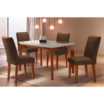 Conjunto: Mesa Sala Jantar Londrina Tampo Madeirado c/ Vidro Curvo 120x80 e 4 Cadeiras Londrina Imbuia/Off White - Suede Marrom - Rufato