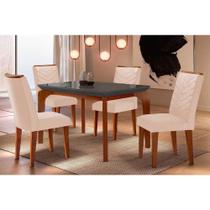 Conjunto: Mesa Sala Jantar Londrina Tampo Madeirado c/ Vidro Curvo 120x80 e 4 Cadeiras Londrina Imbuia/Suede Creme - Rufato