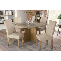 Conjunto: Mesa Sala Jantar Lótus c/ Tampo Madeirado c/ Vidro 105cm + 4 Cadeiras CAD131 Freijó/Bronze/Bege - Kappesberg Conjunto: Mesa Sala Jantar Lótus c/ Tampo Madeirado c/ Vidro 105cm + 4 Cadeiras CAD131 Freijó/Bronze/Bege - Kappesberg