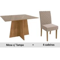 Conjunto: Mesa Sala Jantar Lótus c/ Tampo Madeirado c/ Vidro 105cm + 4 Cadeiras CAD133 Freijó/Bronze/Bege - Kappesberg