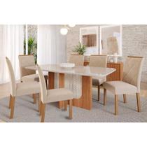 Conjunto: Mesa Sala Jantar Louise Tampo Madeirado c/ Vidro 160x80cm e 6 Cadeiras Fernanda Cinamomo/Off White - Nature-Madeirado/Suede Nu - Cimol