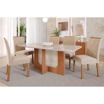 Conjunto: Mesa Sala Jantar Louise Tampo Madeirado c/ Vidro 180x90cm e 6 Cadeiras Fernanda Cinamomo/Off White - Nature-Madeirado/Suede Nu - Cimol