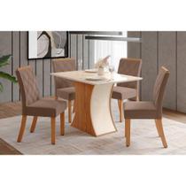 Conjunto: Mesa Sala Jantar Luiza c/ Tampo Reto Madeirado c/ Vidro 120x90cm e 4 Cadeiras Vita Nature/Suede Light Bege - Henn
