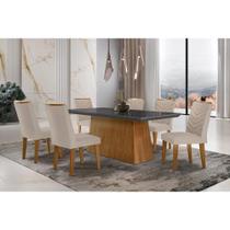 Conjunto: Mesa Sala Jantar Luna c/ Tampo de Vidro Canto Curvo 180x90cm e 6 cadeiras Londrina Imbuia/Grafite - Suede Creme - Rufato