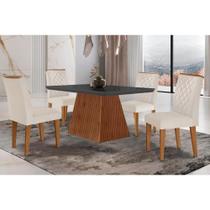 Conjunto: Mesa Sala Jantar Luna c/ Tampo Madeirado c/ Vidro Canto Curvo 120x80cm e 4 cadeiras Jade Imbuia/Grafite - Suede Creme - Rufato