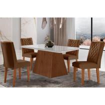 Conjunto: Mesa Sala Jantar Luna c/ Tampo Madeirado c/ Vidro Canto Curvo 120x80cm e 4 cadeiras Jade Imbuia/Off White - Suede Marrom - Rufato