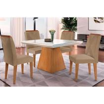 Conjunto: Mesa Sala Jantar Luna c/ Tampo Madeirado c/ Vidro Canto Curvo 90x90cm e 4 cadeiras Amsterdã Imbuia/Off White - Suede Capuccino - Rufato Conjunto: Mesa Sala Jantar Luna c/ Tampo Madeirado c/ Vidro Canto Curvo 90x90cm e 4 cadeiras Amsterdã Imbuia/Off White - Suede Capuccino - Rufato