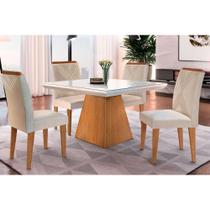 Conjunto: Mesa Sala Jantar Luna c/ Tampo Madeirado c/ Vidro Canto Curvo 90x90cm e 4 cadeiras Amsterdã Imbuia/Off White - Suede Creme - Rufato Conjunto: Mesa Sala Jantar Luna c/ Tampo Madeirado c/ Vidro Canto Curvo 90x90cm e 4 cadeiras Amsterdã Imbuia/Off White - Suede Creme - Rufato