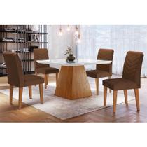 Conjunto: Mesa Sala Jantar Luna c/ Tampo Madeirado c/ Vidro Canto Curvo 90x90cm e 4 cadeiras Londrina Imbuia/Off White - Suede Marrom - Rufato