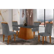 Conjunto: Mesa Sala Jantar Luna Tampo Madeirado c/ Vidro Canto Curvo 120x80 e 4 Cadeiras Amsterdã Capuccino/Suede Grafite - Rufato