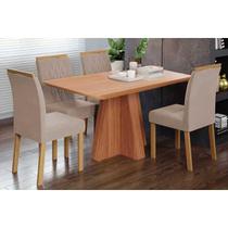 Conjunto: Mesa Sala Jantar Maitê Tampo Madeirado 130x80cm e 4 Cadeiras Juliana Cinamomo - Carvalho/Linho Bege Cimol