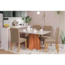 Conjunto: Mesa Sala Jantar Maitê Tampo Madeirado c/ Vidro 130x80cm e 4 Cadeiras Clarice Cinamomo/Off White - Carvalho/Suede Joli Capuccino Cimol Conjunto: Mesa Sala Jantar Maitê Tampo Madeirado c/ Vidro 130x80cm e 4 Cadeiras Clarice Cinamomo/Off White - Carvalho/Suede Joli Capuccino Cimol