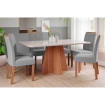 Conjunto: Mesa Sala Jantar Maitê Tampo Madeirado c/ Vidro 160x80cm e 6 Cadeiras Fernanda Cinamomo/Off White - Carvalho/Linho Grafite Cimol